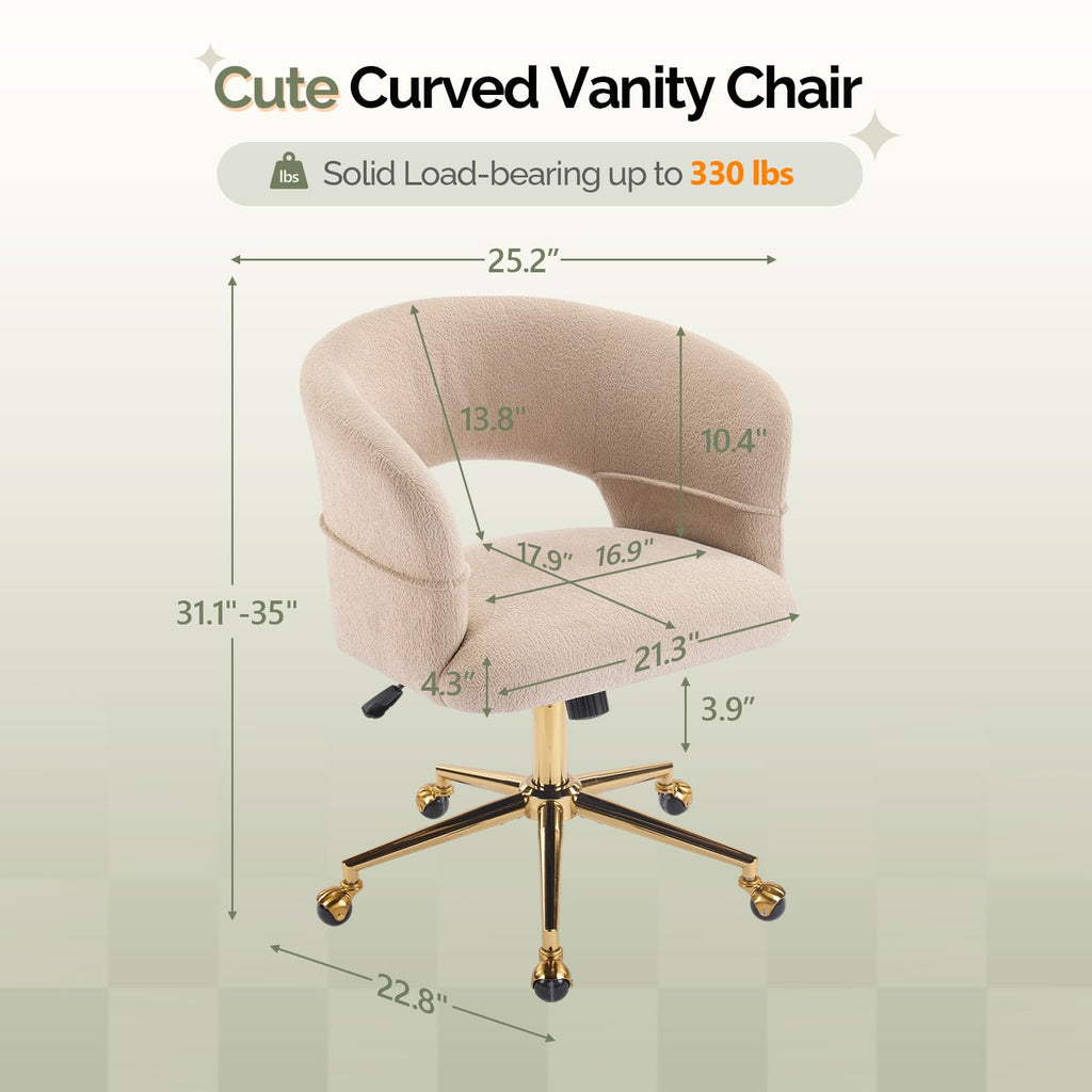Modern Curved Office & Vanity Desk Chair, Cute Upholstered Nail Chair with Wheels & 360° Swivel & Club & Tilting &