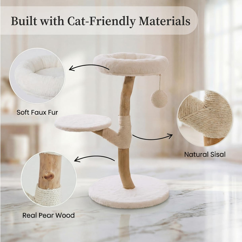 Real Wood Modern Cat Tree Tower, Cat Scratching Post with Bed for Small Indoor Cats, Solid Wooden Climbing Tower