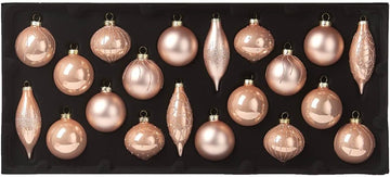 Rose Gold Glass Christmas Baubles Set of 20, Shiny Matt Glitter Ornaments