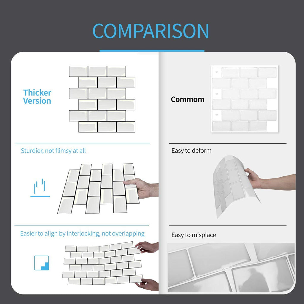 10-Pack Subway Tiles Peel and Stick Backsplash, White, 12 x 12 Inch
