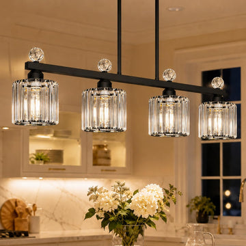 32" Crystal kitchen Island Lighting, 4-Light Black Linear Pendant Light