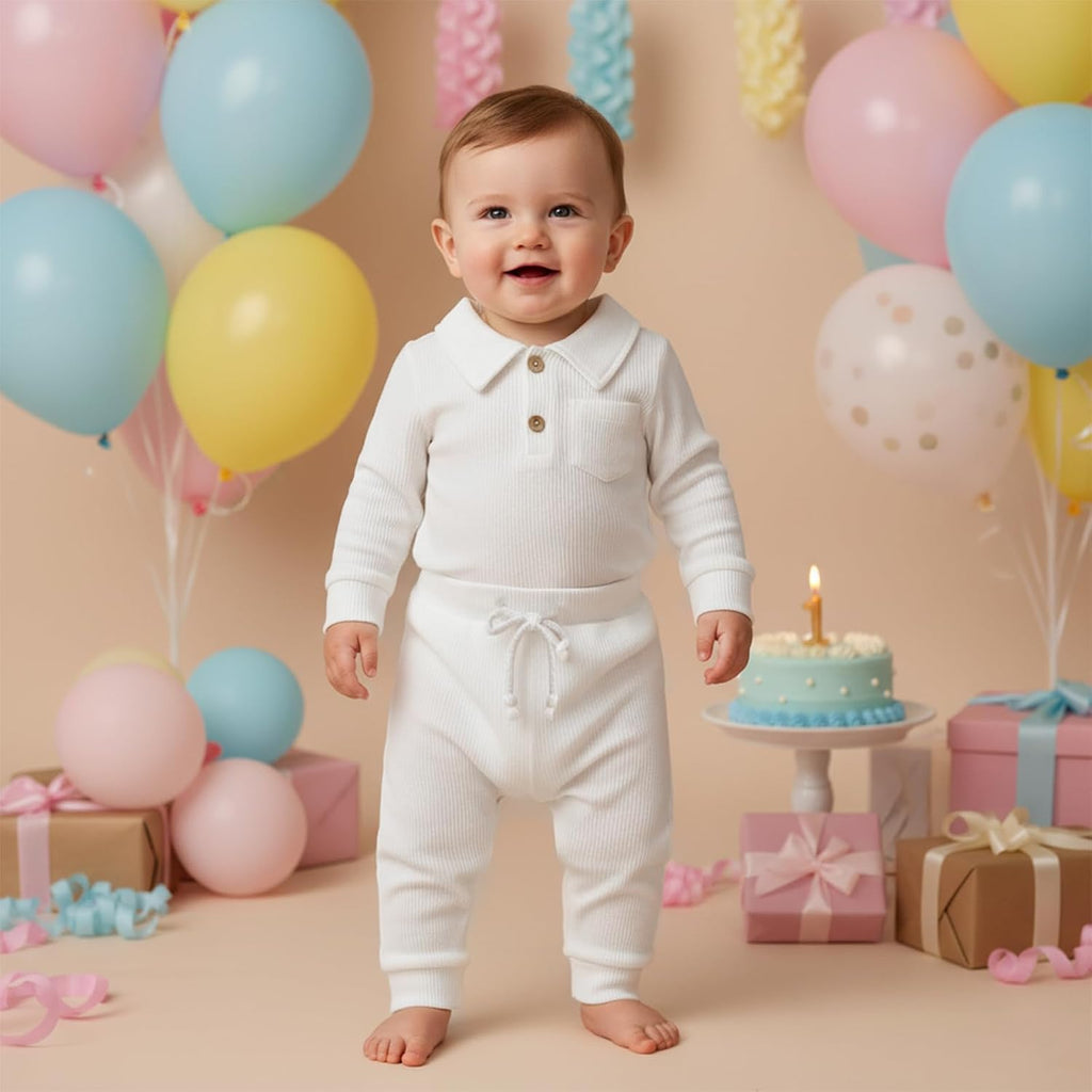Baby Boy Clothes Solid Waffle Knit Long Sleeve Button Up Collared Romper Long Pants Set Fall Winter Outfits