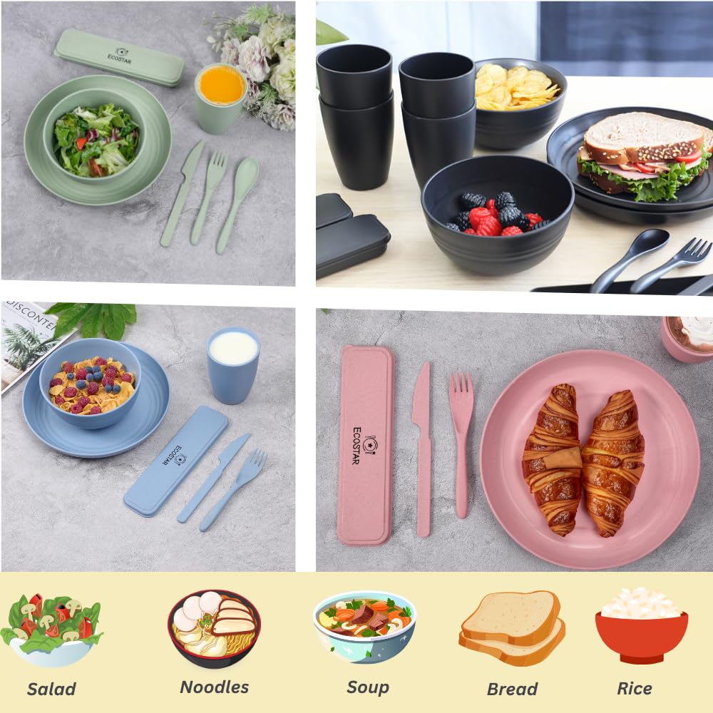 Wheat Straw Dinnerware Sets Unbreakable Plates Bowls and Cups Reusable Utensils Dishwasher Microwave Safe Bowls and