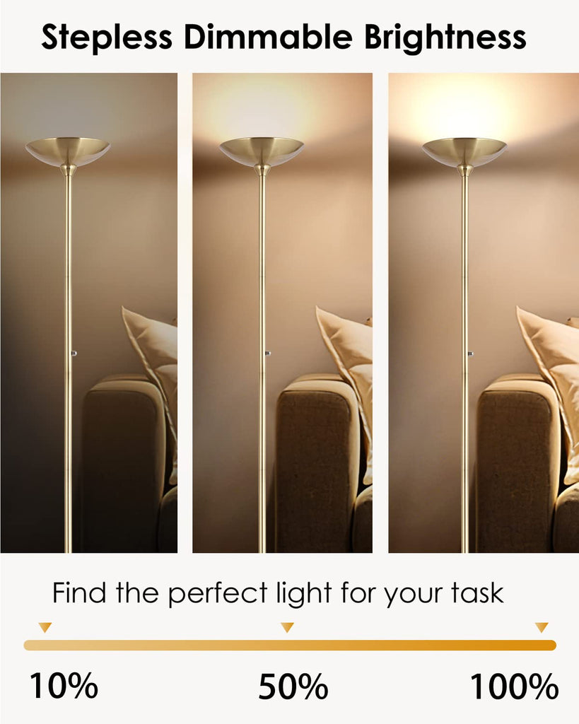 Torchiere Floor Lamp Gold, 30W Super Bright LED Standing Lamp, 3000K Stepless Dimmable Pole Lamp with Rotary Switch