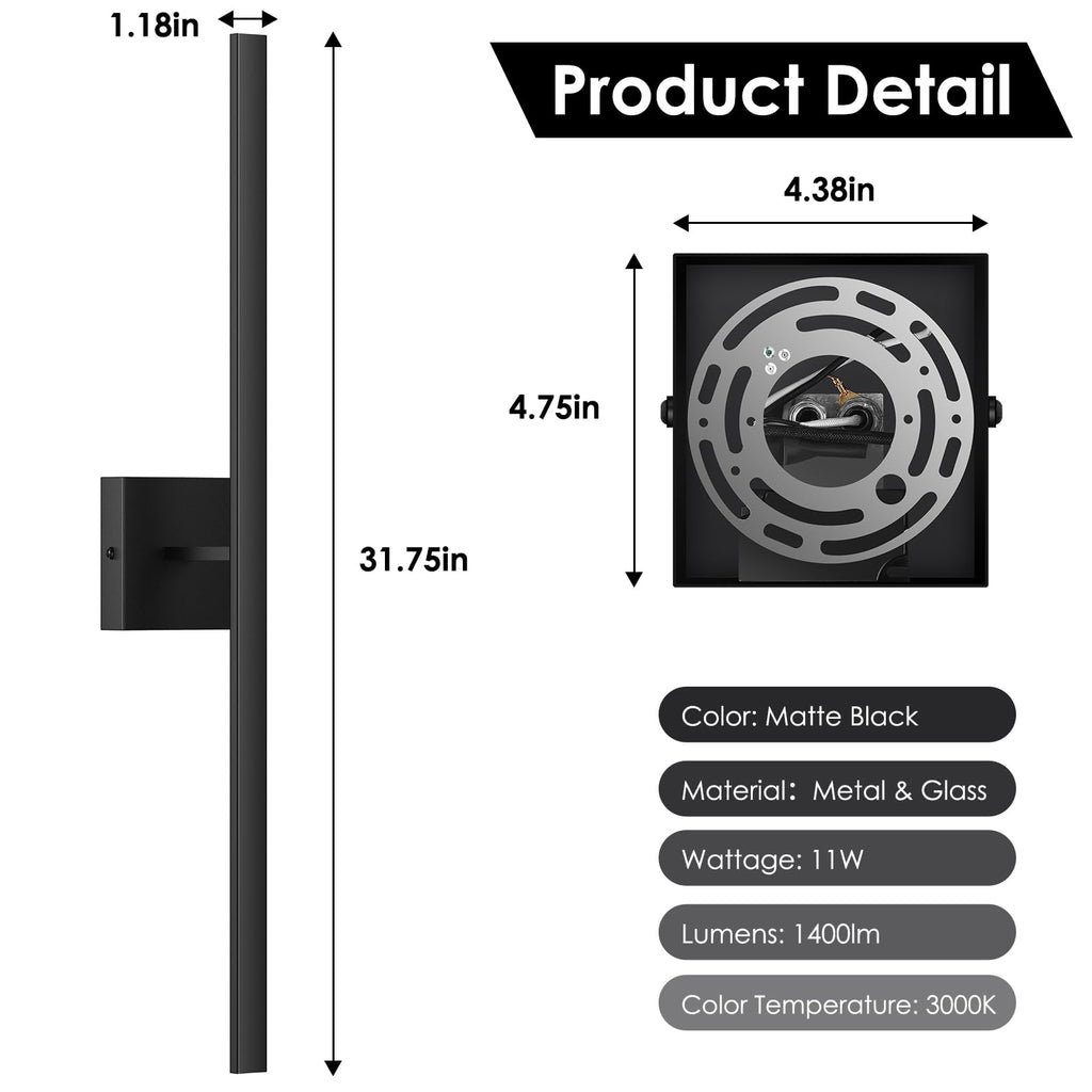 2-Pack 31.7" Outdoor Wall Lights, Modern Black Exterior Sconces