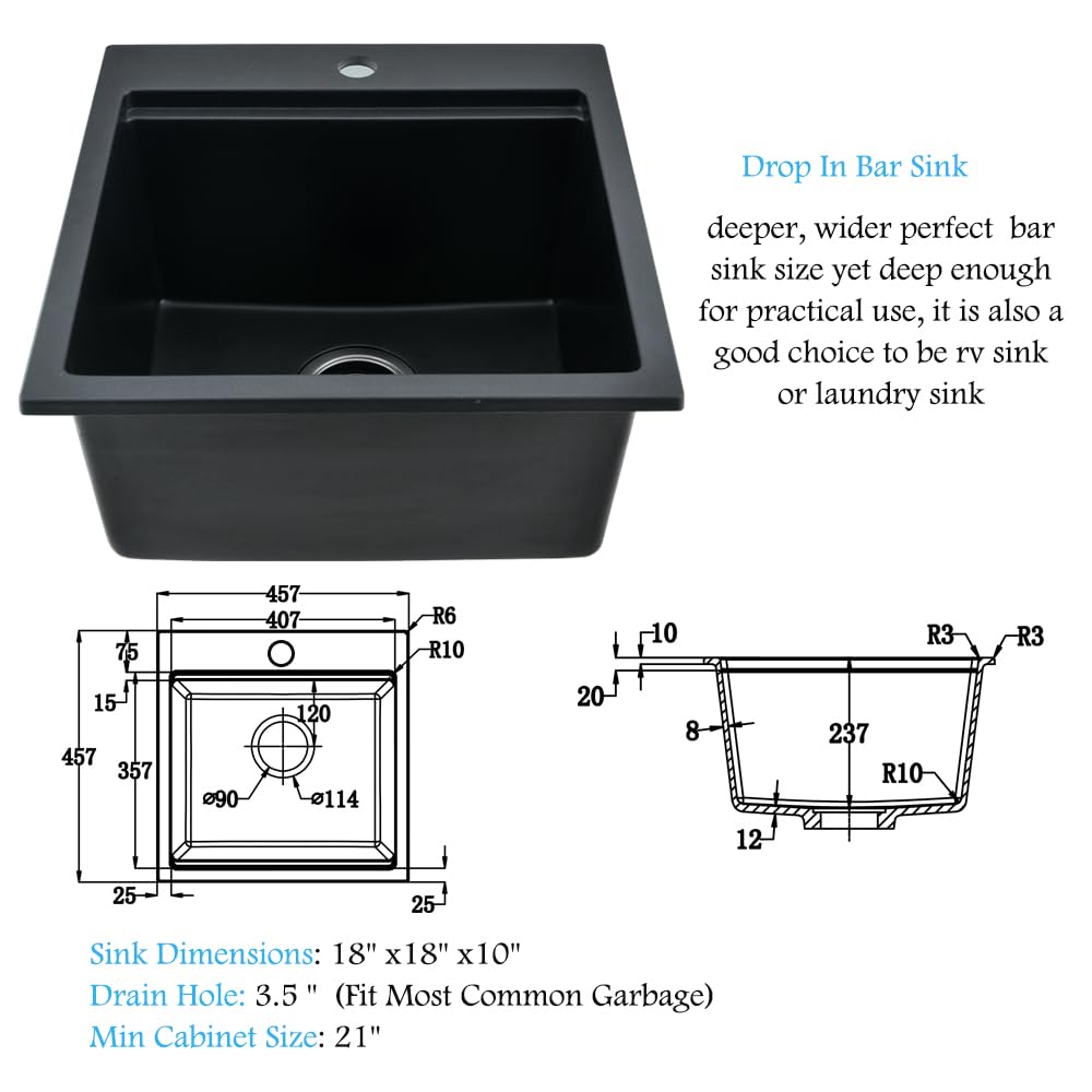 18 Inch Black Drop In Bar Sink Quartz, 18x18 Small