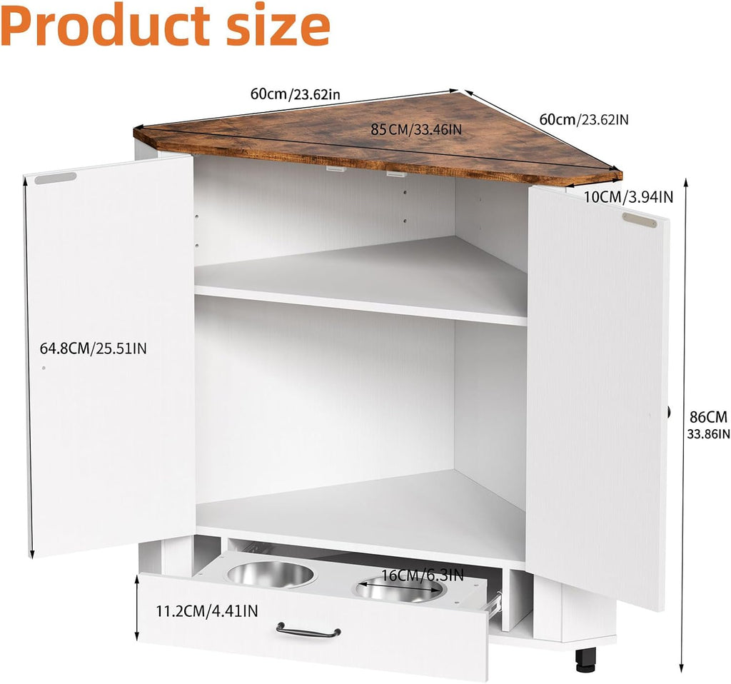 Farmhouse Dog Food Storage Corner Cabinet, Dog Feeding Station with 2 Hidden Bowls, Adjustable Panel, 4 Hooks, Pet