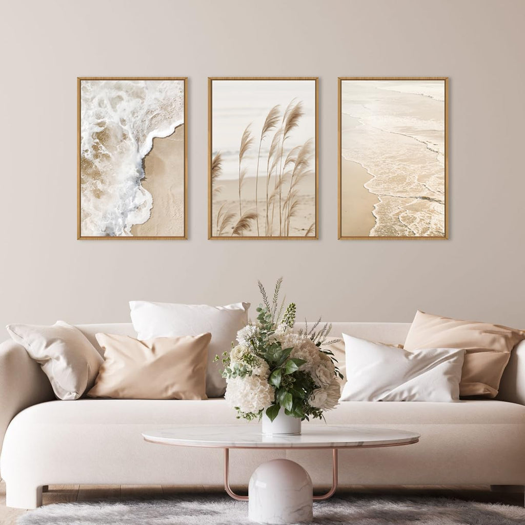 Large Beach Wave Pampas Grass Framed Canvas Wall Art Set-16"x24"x3