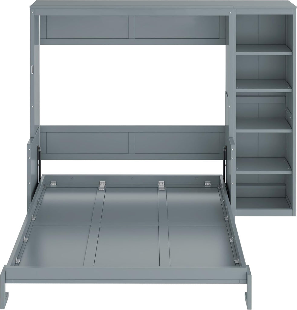 Queen Murphy Bed with Desk and Storage Shelves,Wood Hideaway Murphy Wall Bed with Storage Bookcase for Adults (Grey)