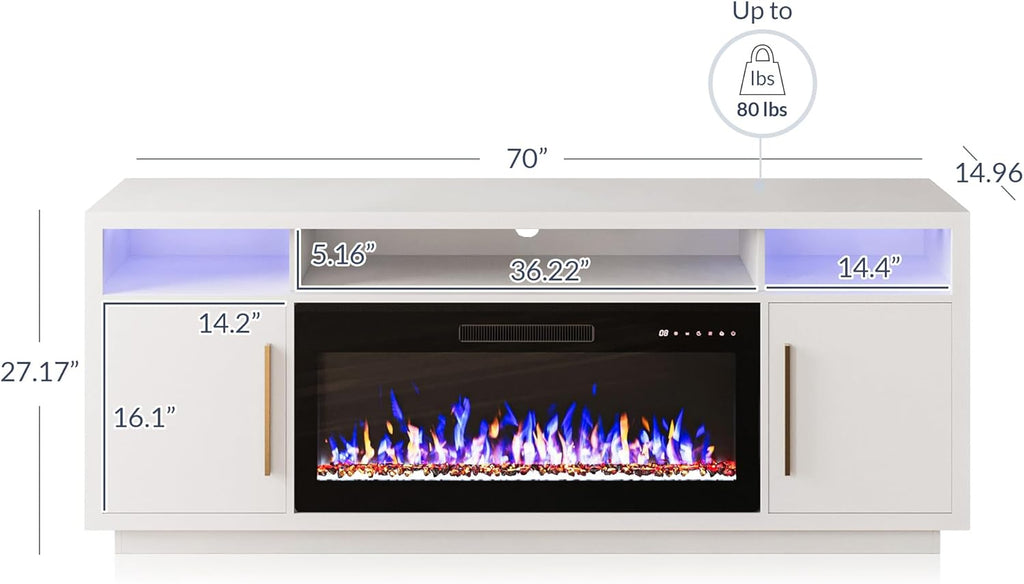70" Fireplace TV Stand for TVs Up to 80", LED Light Entertainment Center with 36" Electric Fireplace Heater, Storage Cabinet, Media Console Table for Living Room - Avenue (White) A132-B0BVY8M9Z9