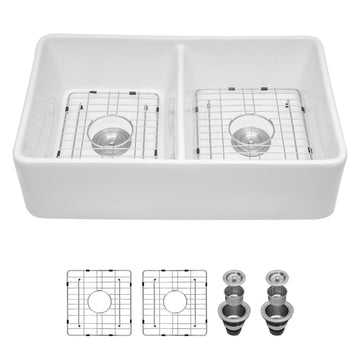 32 White Farmhouse Kitchen Sink Double Bowl- 32 x 20 Inch White Kitchen Sink Apron Front Sink Farmer Sink Ceramic