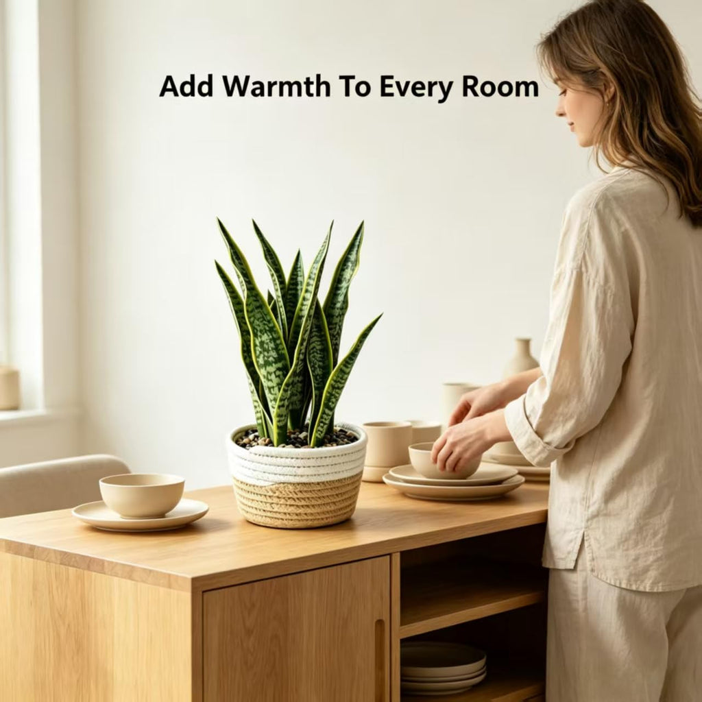 15"Artificial Snake Plant in Handwoven Rattan Planter Sansevieria Faux Indoor Branches with Lush Realistic Green