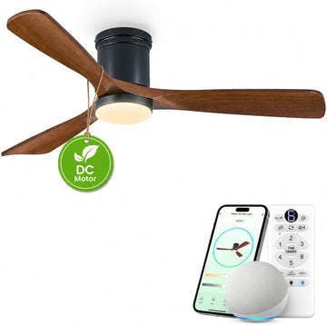 52 Inch Smart Flush Mount Ceiling Fan with Light, Low Profile Ceiling Fan with 3 Solid Wood Walnut Blades, Dimmable LED, Ultra Quiet DC Motor, Alexa & Remote Control, Indoor Outdoor, Walnut