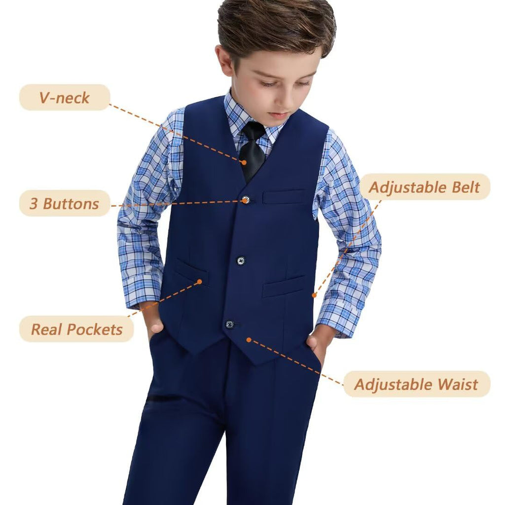 Toddler Suit Boys Baptism Christening Outfit Kids Navy Suit Vest Pants Set Plaid Dress Shirt