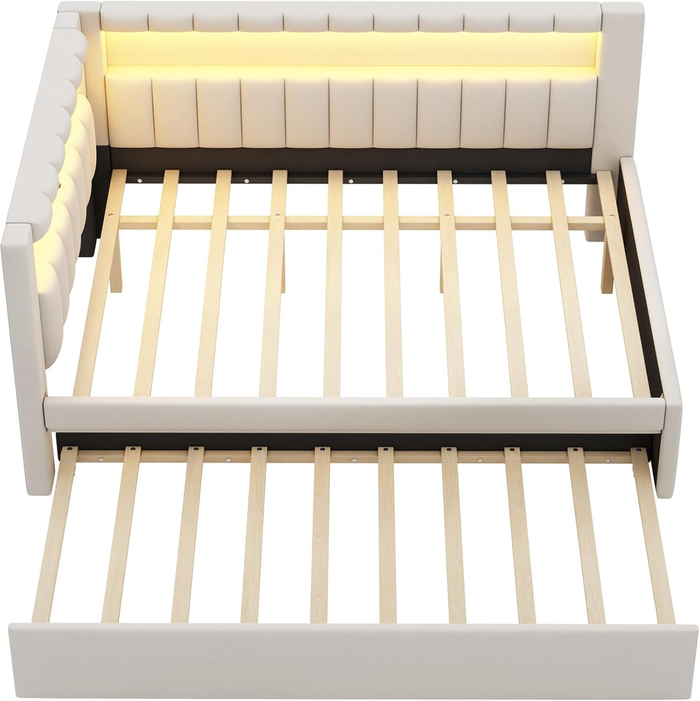 Upholstered Full Size Daybed with LED and Trundle, USB Ports, White | L-Shaped Corner Day Bed with Storage Shelves
