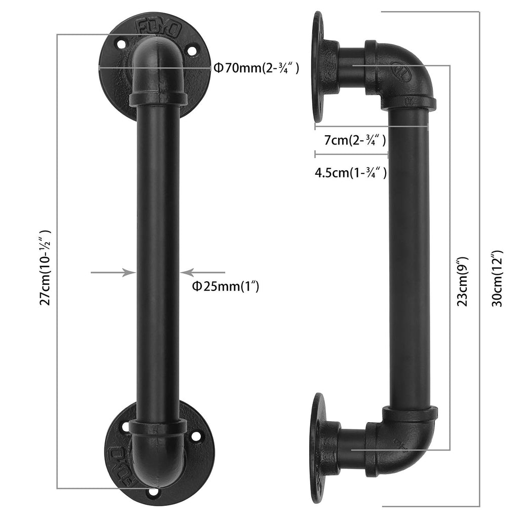 Set of 2 Industrial Pipe Door Pull Handle, Grab Bar, Towel Bar, Antique Rustic Cast Iron Handrail - Matte Black, 12
