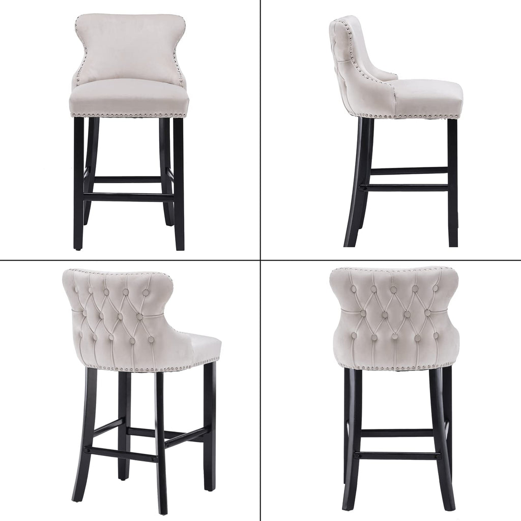 Velvet Wingback Bar Stools Set of 2, Upholstered Button Tufted Counter Height Bar Stool Chairs with Solid Wood Legs