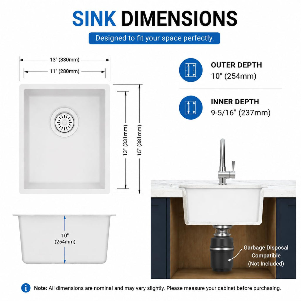 White Bar Sink, 13" x 15" x 10" Undermount Granite Composite Kitchen Sink