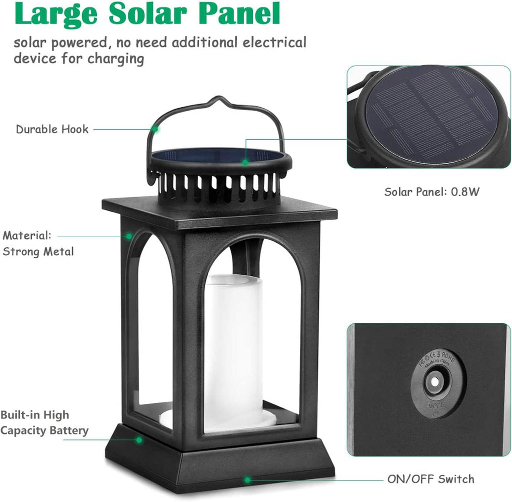 Flickering Flame Solar Lights Outdoor Metal Hanging Lantern, 2 Pack