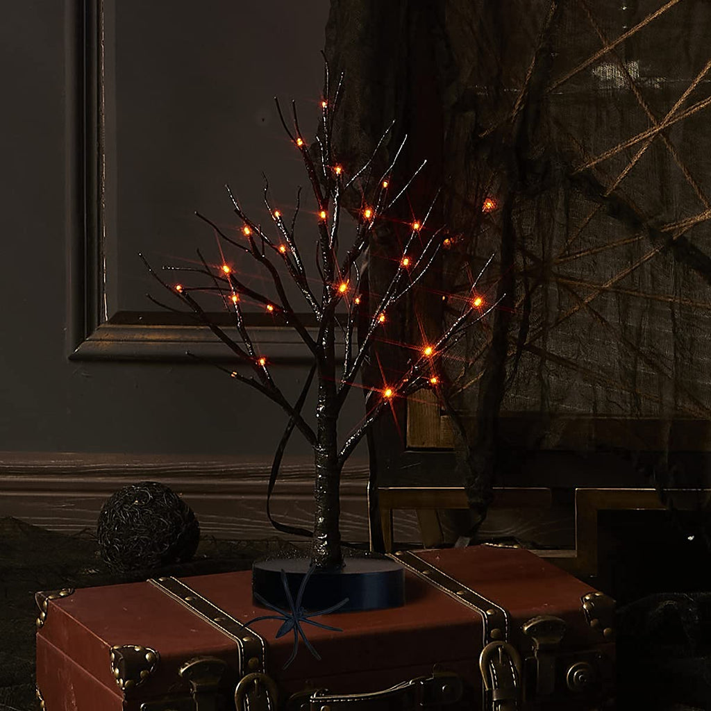 Black Halloween Tree with Lights 24 LED Orange with Timer, Lighted Tabletop Glittered Spooky Tree Artificial 18in for