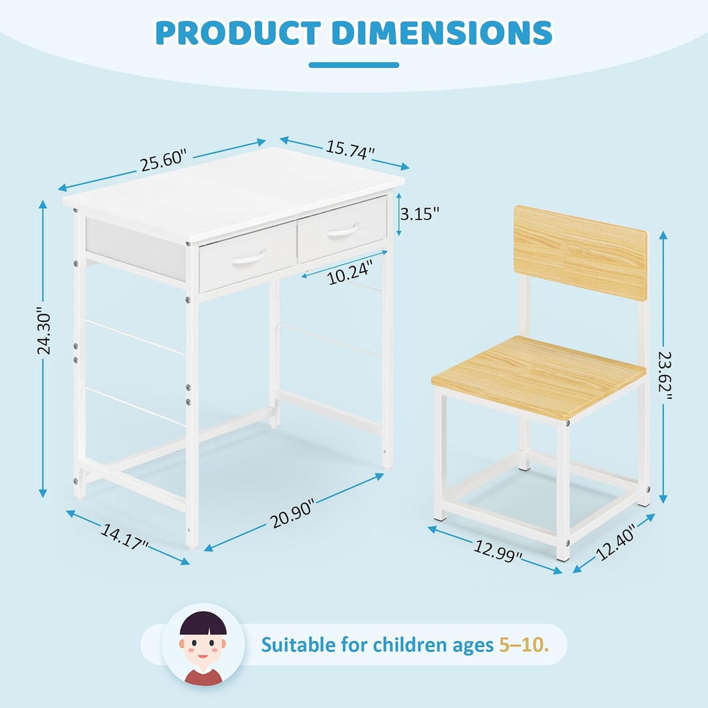 Kids Desk and Chair Set for 5-10 Year Old, Children Study Table with 2 Storage Drawers, Small Student Writing Desk