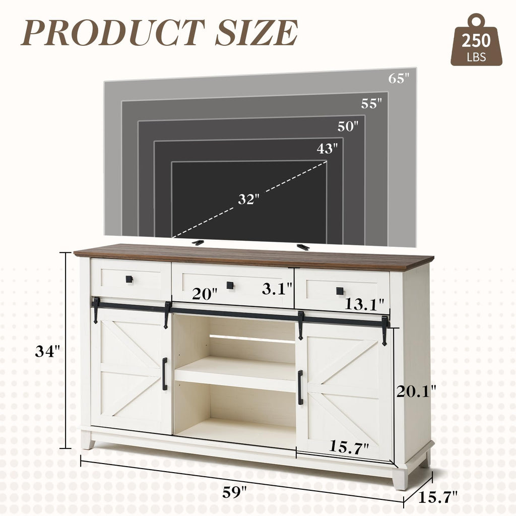 59" Farmhouse TV Stand with Storage Drawers, White & Barnwood