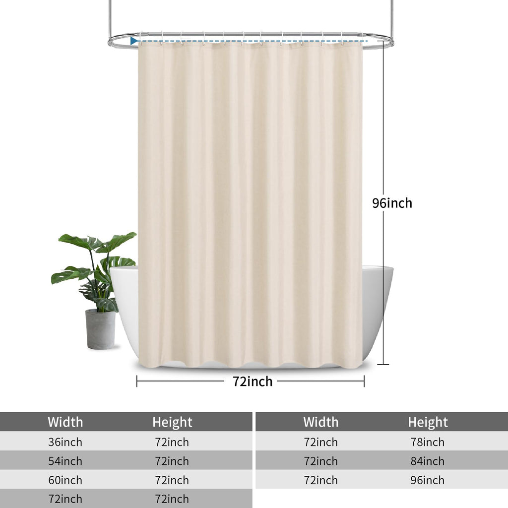 Extra Long Fabric Shower Curtain, No Liner Needed, 72x96, Ivory/Cream