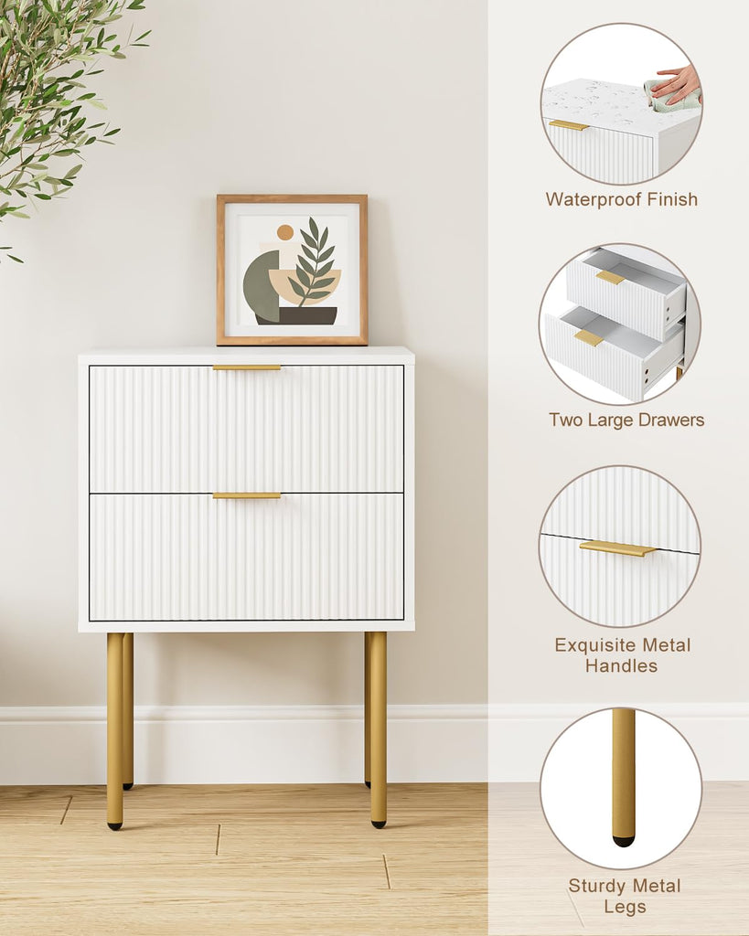 Nightstand, Morden Bedside Table with Gold Frame, Small White Night Stand, End Table, Bedside Furniture, Side Table with