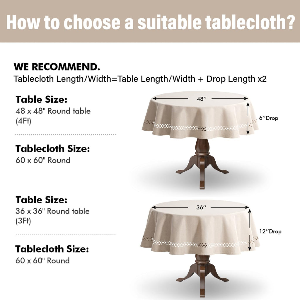 Beige 60 Inch Round Linen Tablecloth with Decorative Cutouts