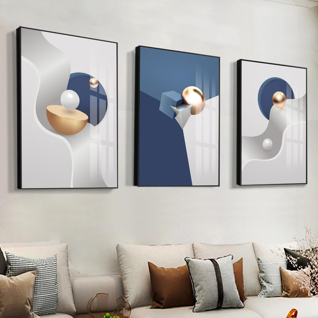 3Pcs Modern Blue Gray Geometric Abstract Framed Canvas Wall Art Decor