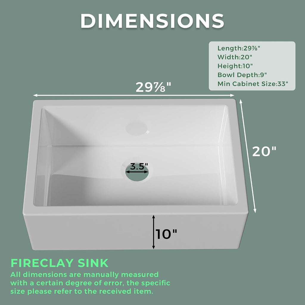 Self Trimming Farmhouse Sink 30 Inch, White Fireclay Kitchen Sink | Tall Apron Front 30"Wx20"Dx10"H , Heavy Duty,Farm