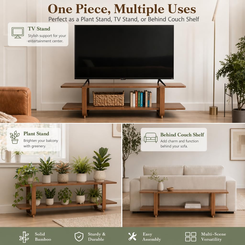 Bamboo TV Stand with Storage for TVs up to 65'', Modern Entertainment Center with 2 Open Shelf, Accent TV Media