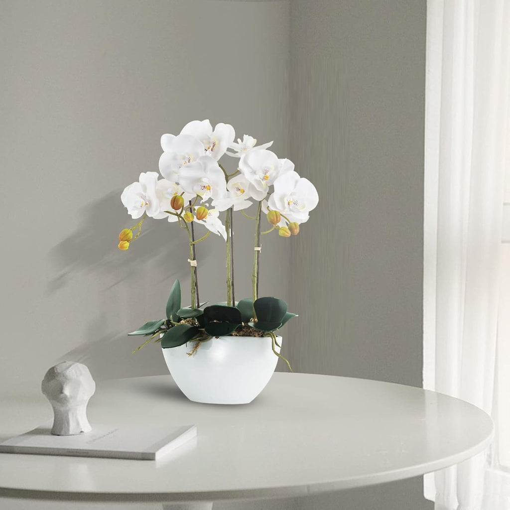 Artificial Orchid Flowers Potted in Ceramic Pot, White Faux Phalaenopsis Orchids for Table Centerpiece, Realistic