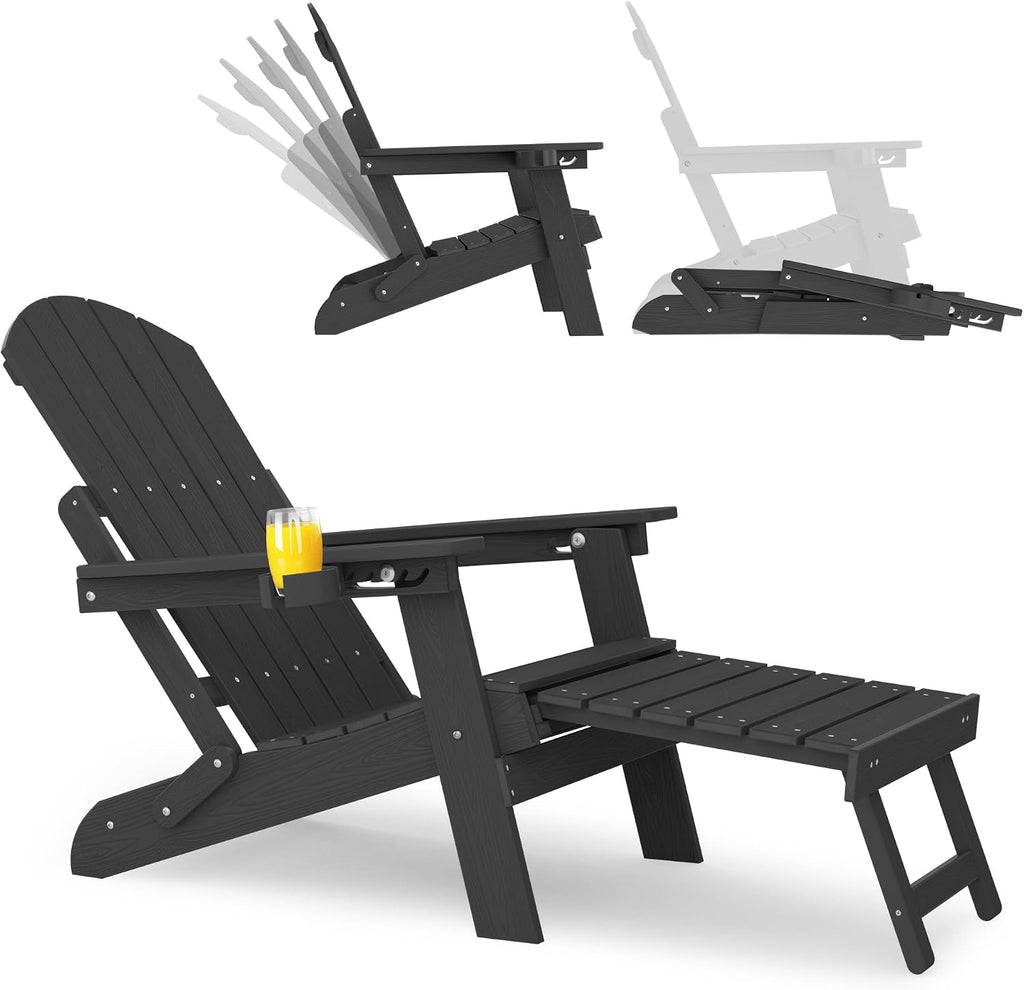 Adjustable Adirondack Chair with Footrest,All-Weather, Black | 5-Level Adjustable Backrest, Folding Fire Pit Chairs