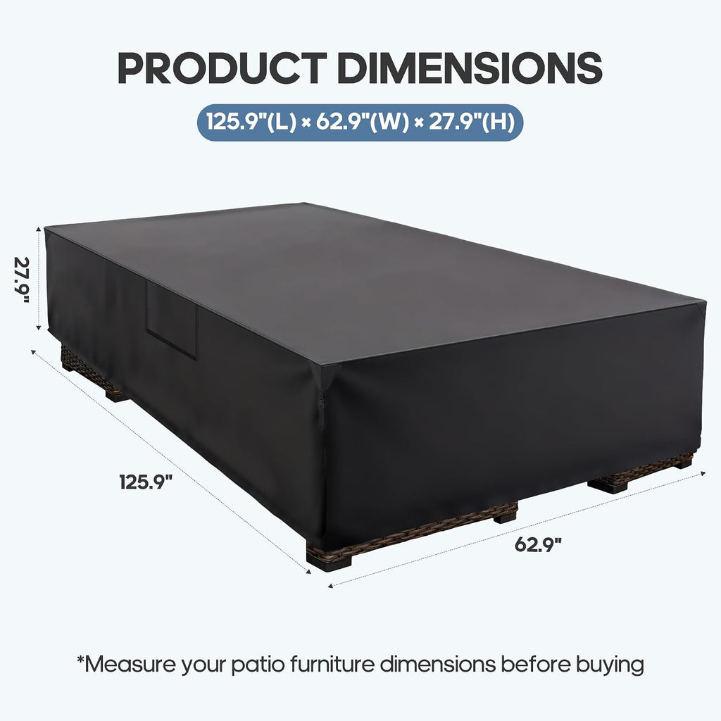 Rectangular Outdoor Furniture Cover, 126"L X 63"W X 28"H, Matte Black | 600D Heavy Duty Fabric, Waterproof UV