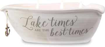 Lake Best Times-Ceramic Boat Shaped 3 Triple Wick Soy Wax Candle Scent: Tranquility, 10 oz 2.75 Inch Tall, Beige