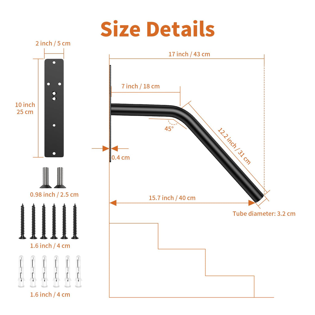 Angled Outdoor Handrail for 1-3 Steps, Metal Stair Support Rail for Porch