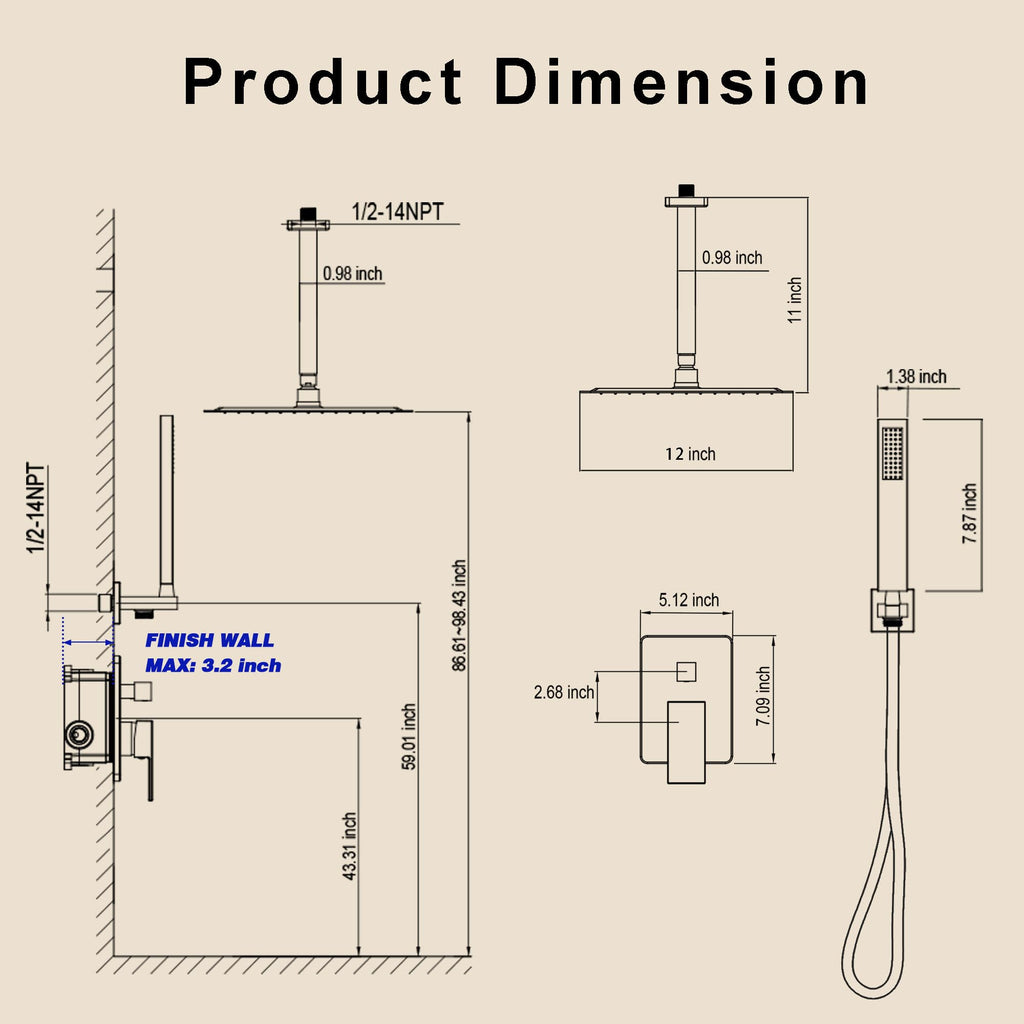 Ceiling Mount Shower System with 12" Rain Head, Handheld & Valve