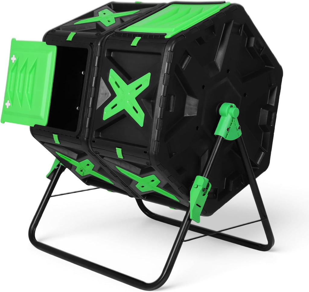140L Dual Chamber Outdoor Tumbling Composting Bins with Sliding Door 360 | Large Compost Bin with Rotating Dual