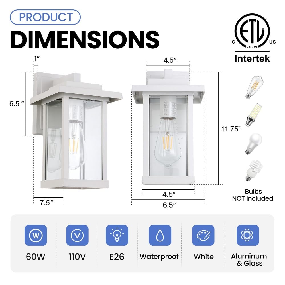 2 Pack Outdoor Wall Sconce White Exterior Wall Lights in Clear Glass