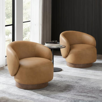 Swivel Barrel Accent Chair, Faux Leather, Brown, 2-Pack - Set of 2