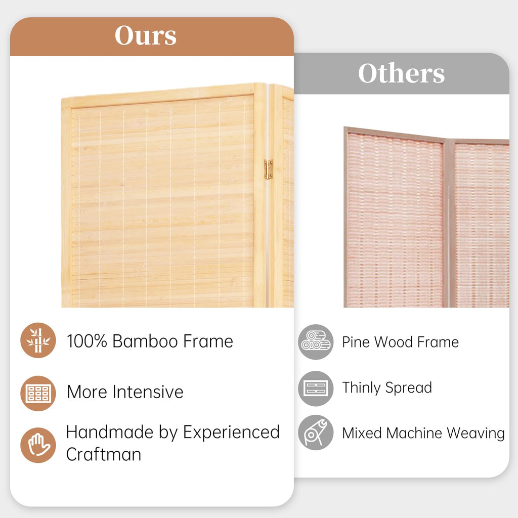 Room Divider Folding Privacy Screens, Hand-Made Natural Bamboo Room Dividers