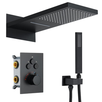 Thermostatic Shower System, Waterfall Shower Head(Matte Black)