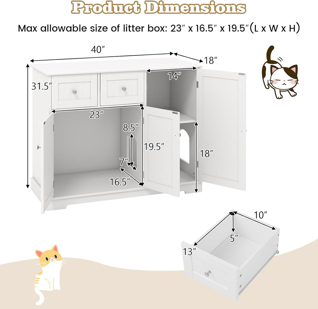 Litter Box Enclosure, 40 Inch Enclosed Cat Box Cabinet with 2 Storage Drawers, 3 Doors & 2 Entrances, Hidden Cat