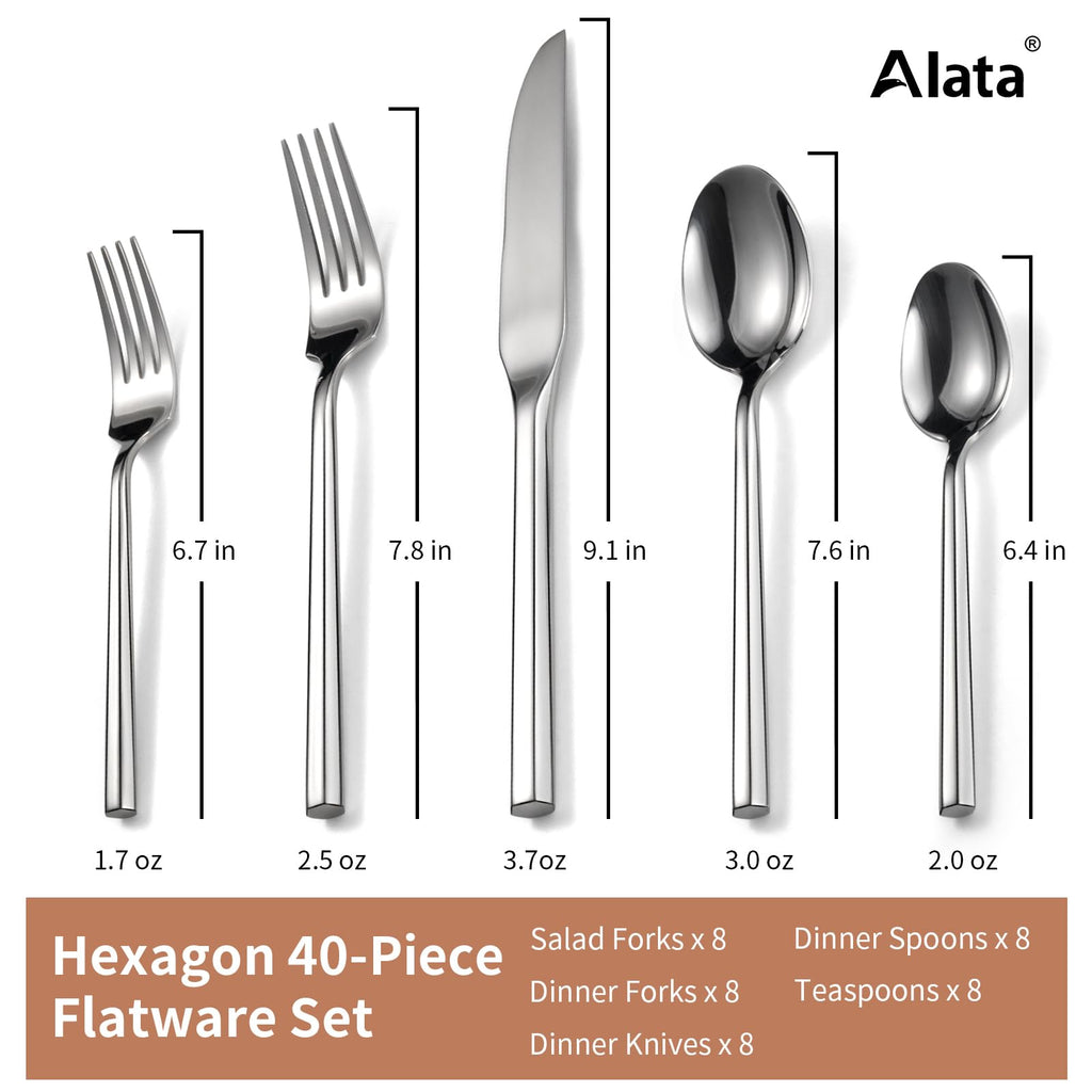 Hexagon 40-Piece Forged Silverware Set Stainless Steel Flatware Set Cutlery Set, Service for 8, Mirror