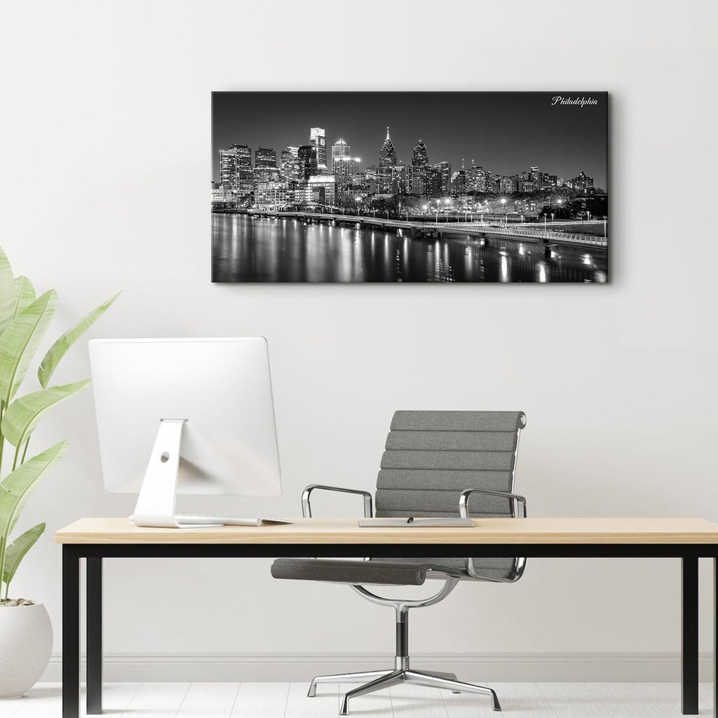 Philadelphia Skyline Canvas Wall Art Black and White Pennsylvania Cityscape Pictures Philly City Night View Prints