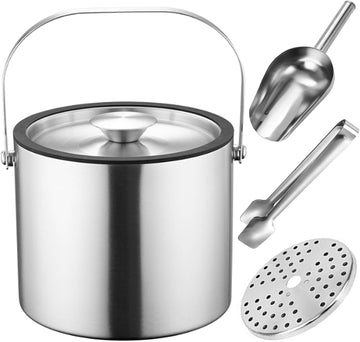 3L Double-Wall Insulated Ice Bucket with Lid, Ice shovel &Tongs and Strainer, Stainless Steel Ice Bath Tub