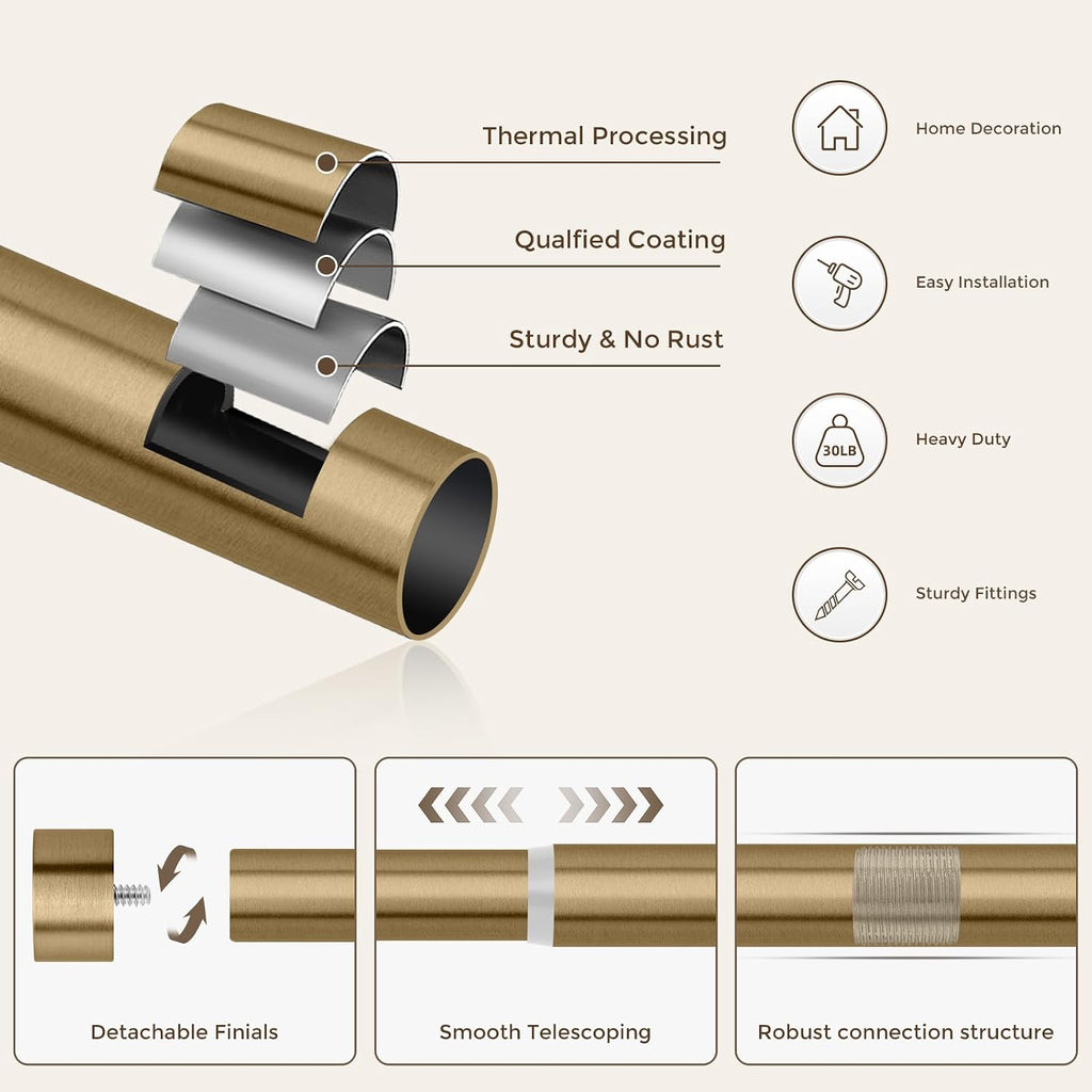 Warm Gold Curtain Rod 48 to 84 Inch, Heavy Duty Brass Curtain Rods for Window, 1" Diameter Adjustable Window
