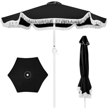 7.5ft Fringe Market Patio Umbrella - Outdoor Boho Tassel Sunshade for Table, Pool, Deck, Backyard - UPF50+, Easy