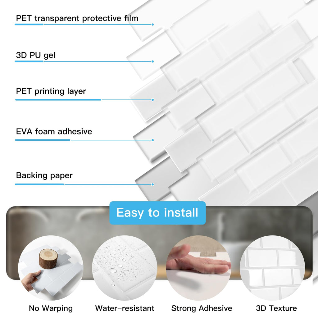 10-Pack Subway Peel and Stick Backsplash, White Washed, 12 x 12 Inch